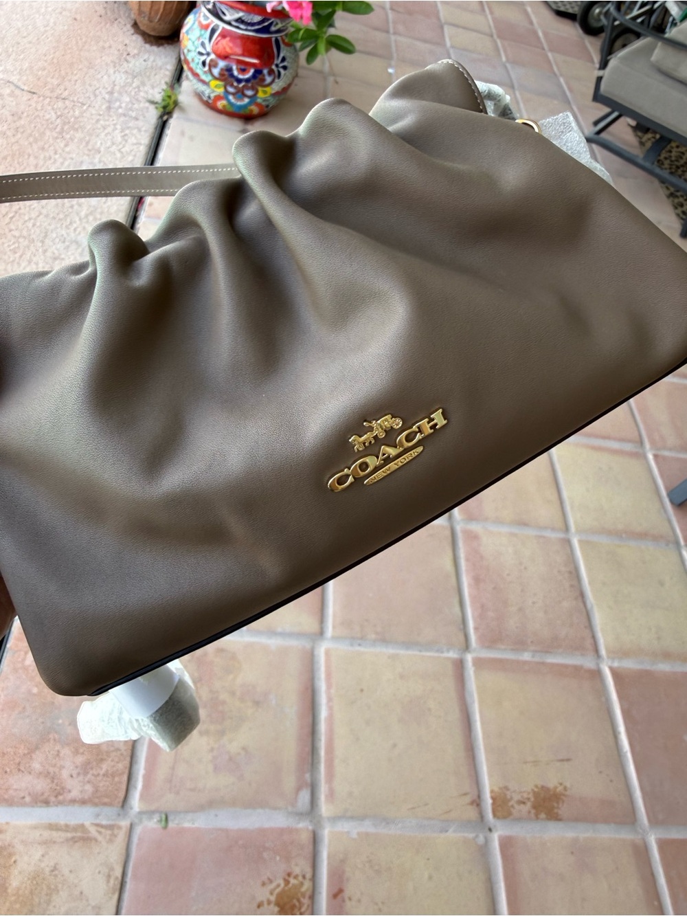 COACH Taupe Gathered Leather Shoulder Bag with Gold Logo - Picture 8 of 10